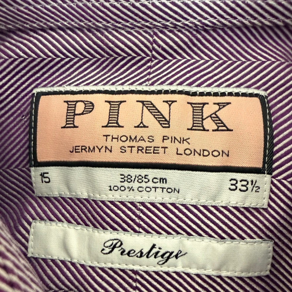 Thomas Pink Prestige Mens Purple Herringbone Dress Shirt 15 33.5 French Cuff - Picture 2 of 7